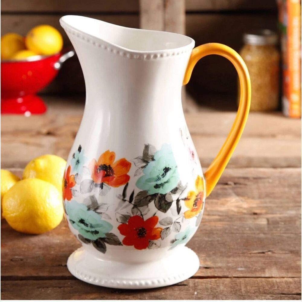 Pioneer Woman Pitcher Stoneware Flea Market Floral Footed 2 Quart